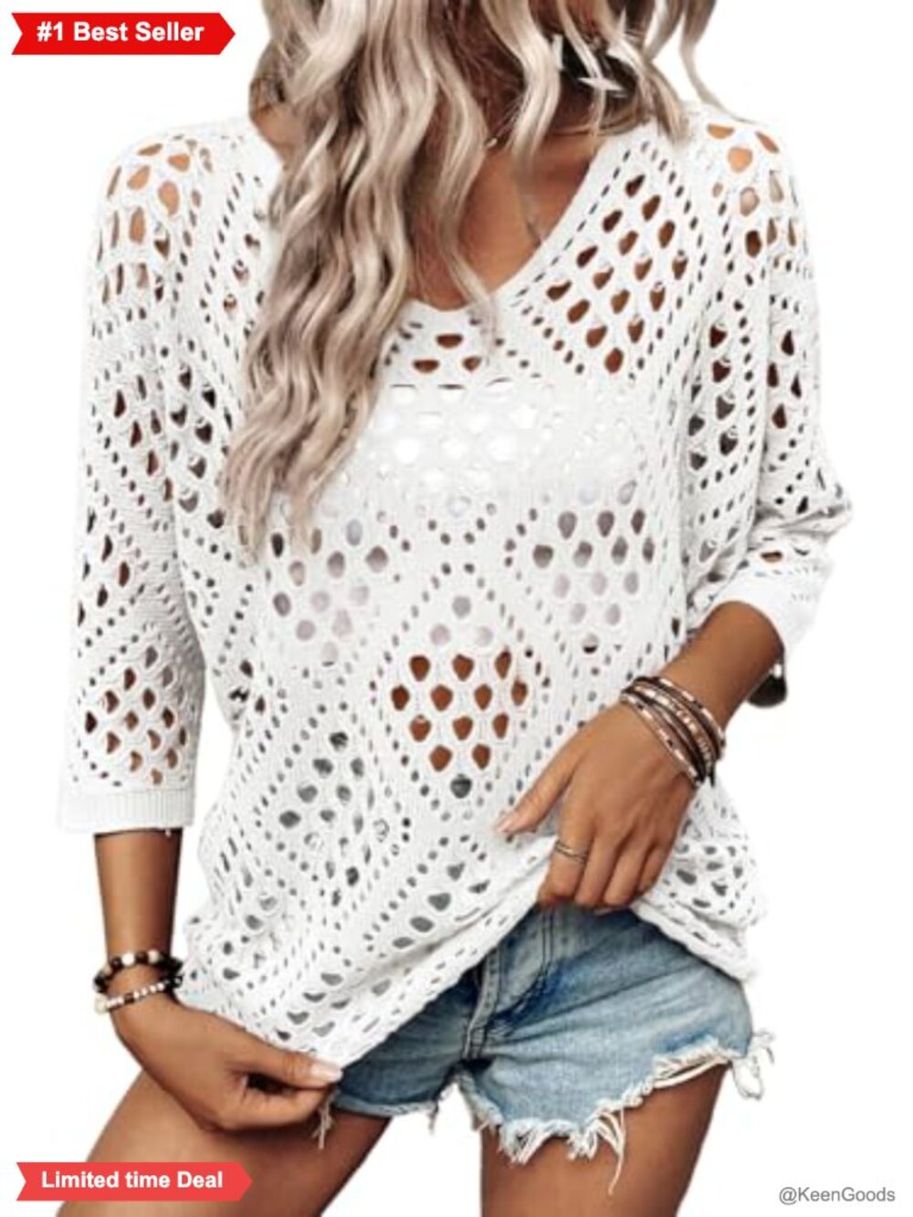 Womens Crochet Hollow Out Summer Pullover Sweater 3/4 Sleeve V Neck